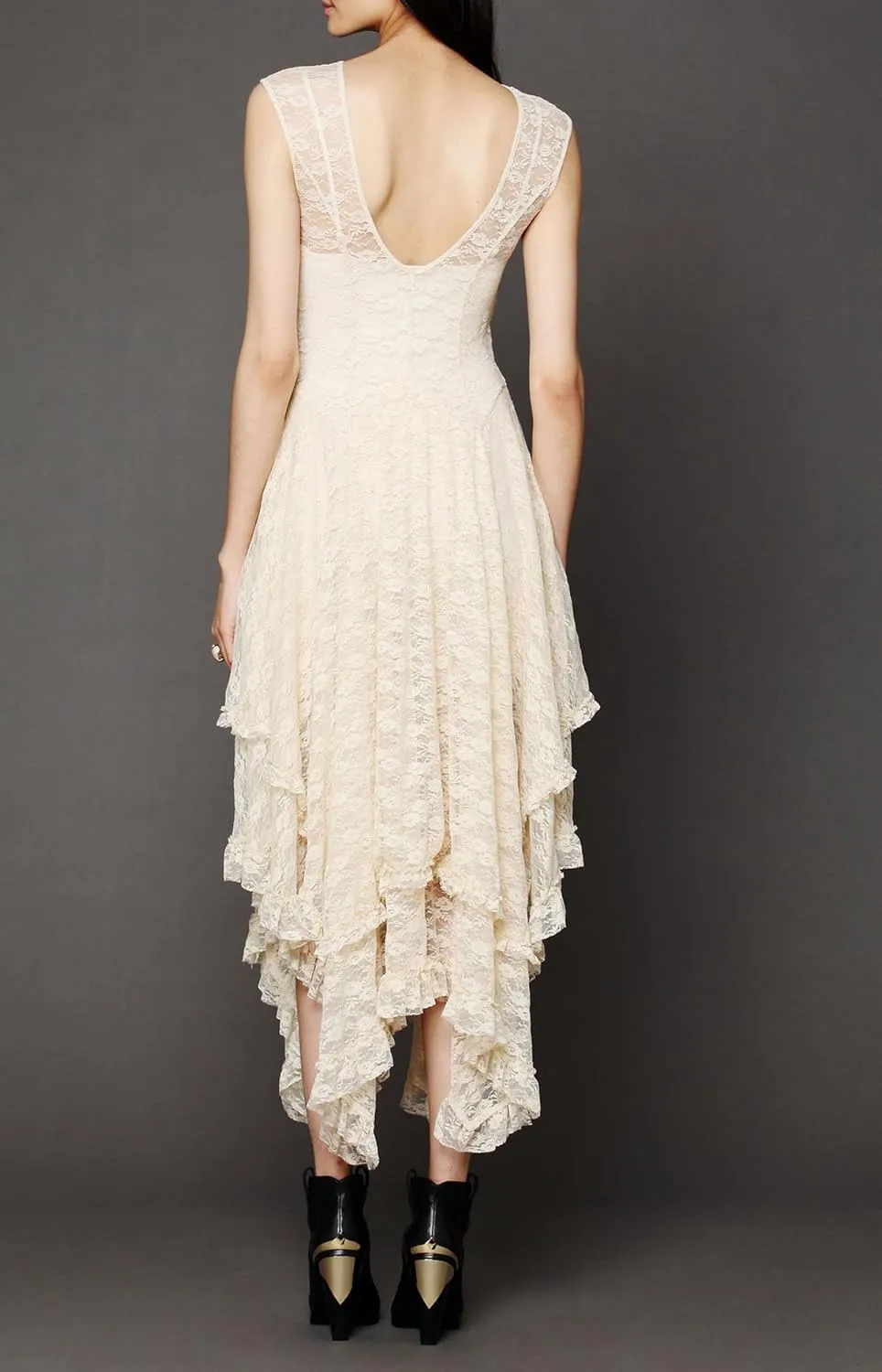 R.Vivimos Womens Sleeveless Backless Asymmetrical Layered Lace Long Dress with Slip Two Pieces