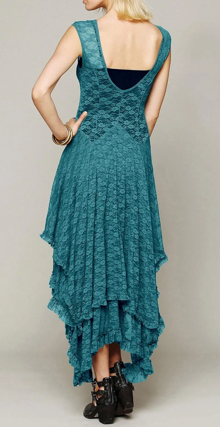 R.Vivimos Womens Sleeveless Backless Asymmetrical Layered Lace Long Dress with Slip Two Pieces