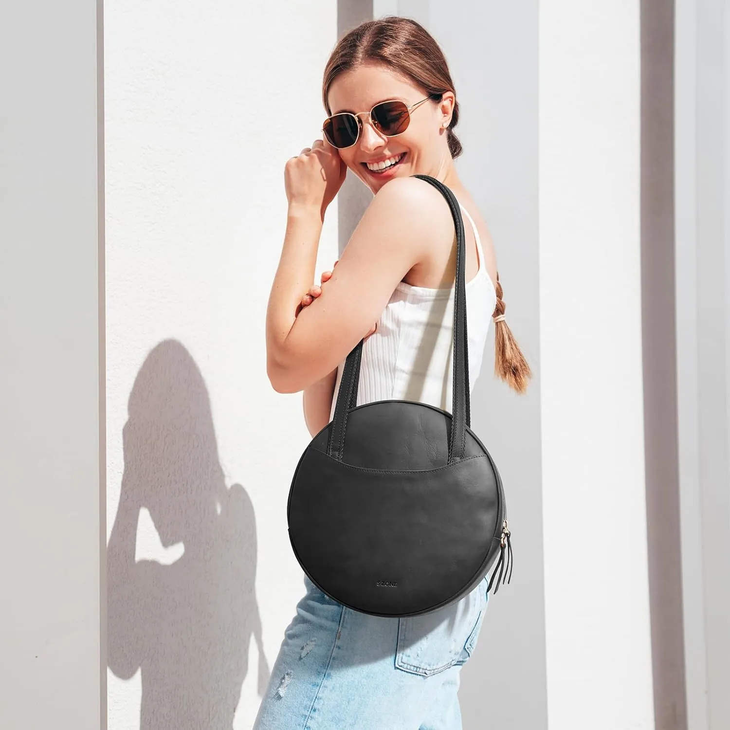 S-ZONE Large Leather Shoulder Bags for Women Circle Trendy Bag Round Purses Designer Handbag