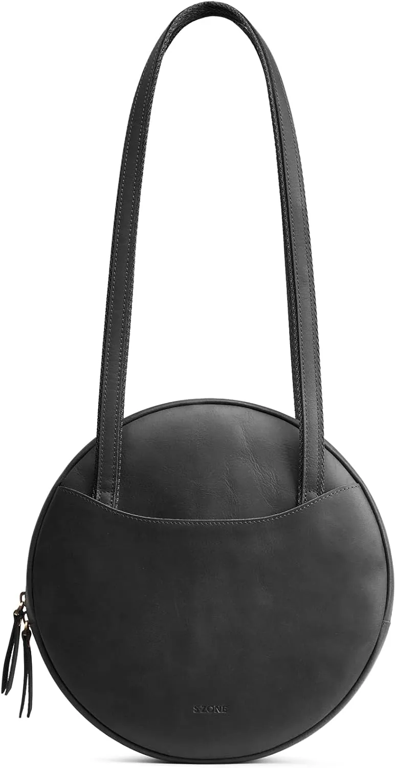 S-ZONE Large Leather Shoulder Bags for Women Circle Trendy Bag Round Purses Designer Handbag