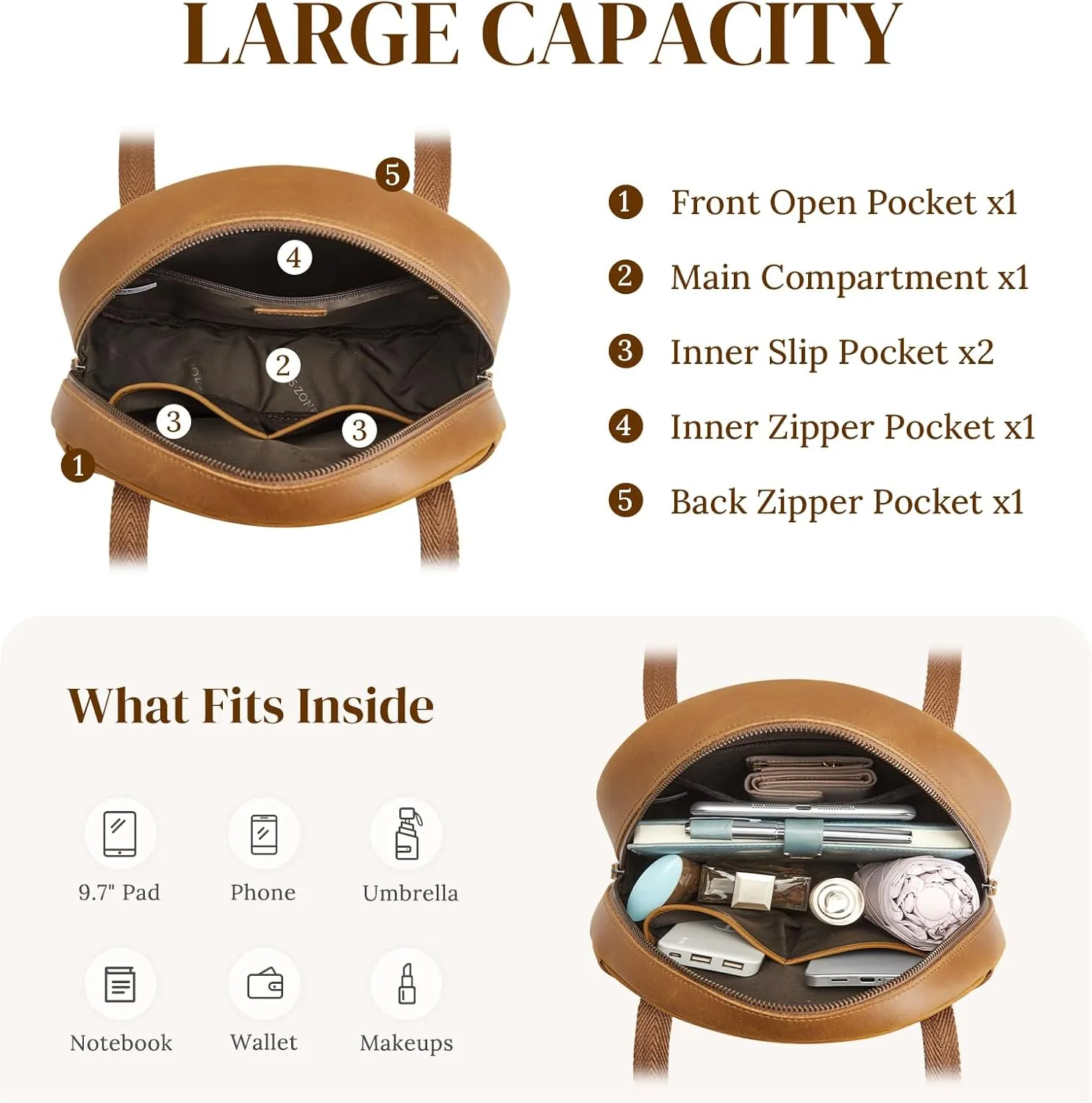 S-ZONE Large Leather Shoulder Bags for Women Circle Trendy Bag Round Purses Designer Handbag