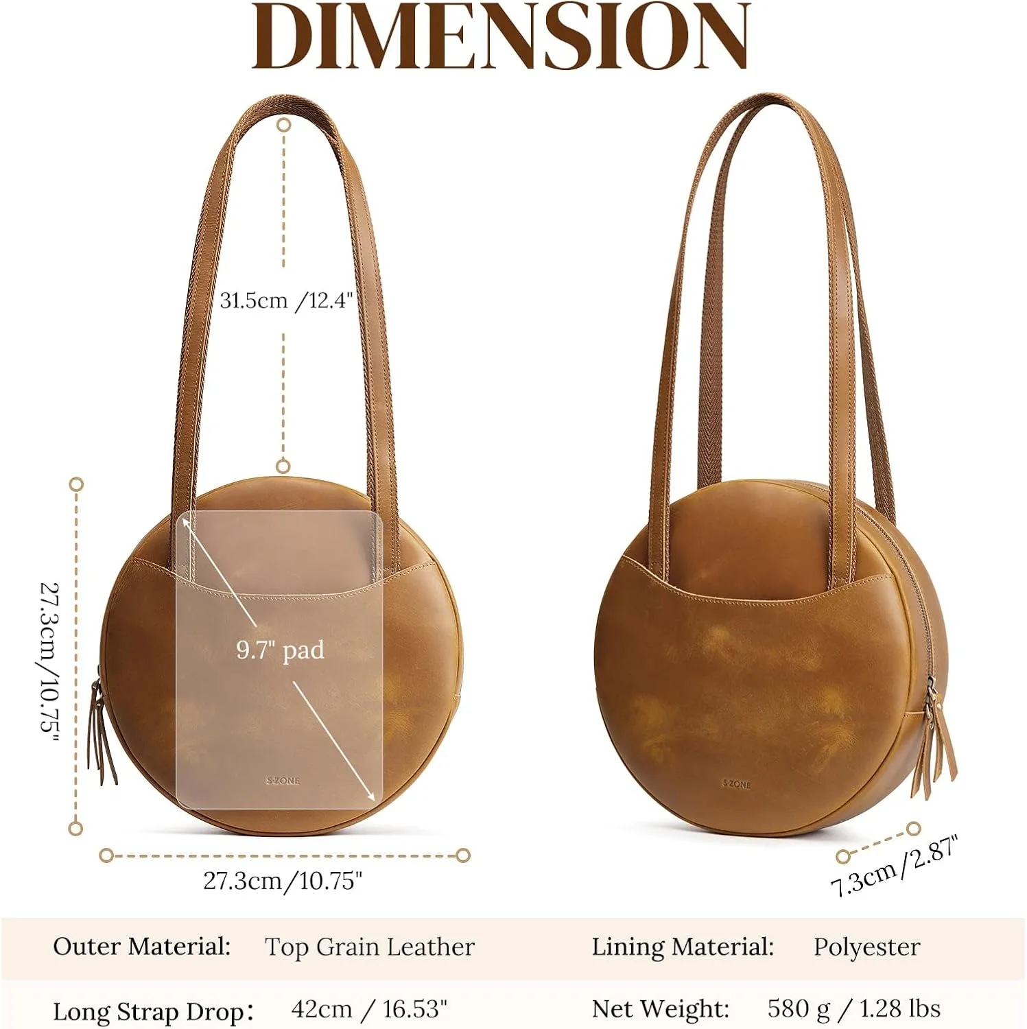 S-ZONE Large Leather Shoulder Bags for Women Circle Trendy Bag Round Purses Designer Handbag