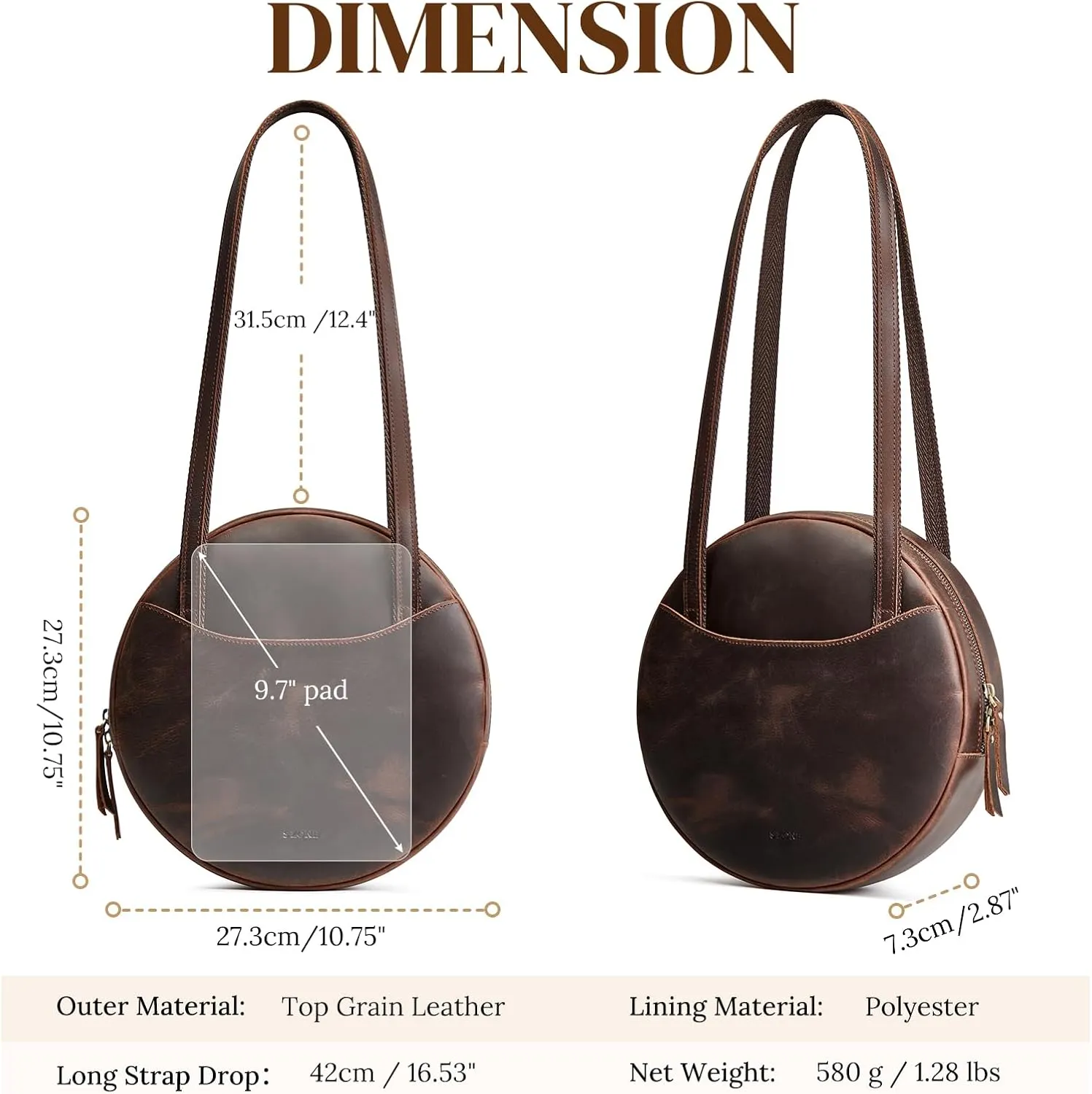 S-ZONE Large Leather Shoulder Bags for Women Circle Trendy Bag Round Purses Designer Handbag