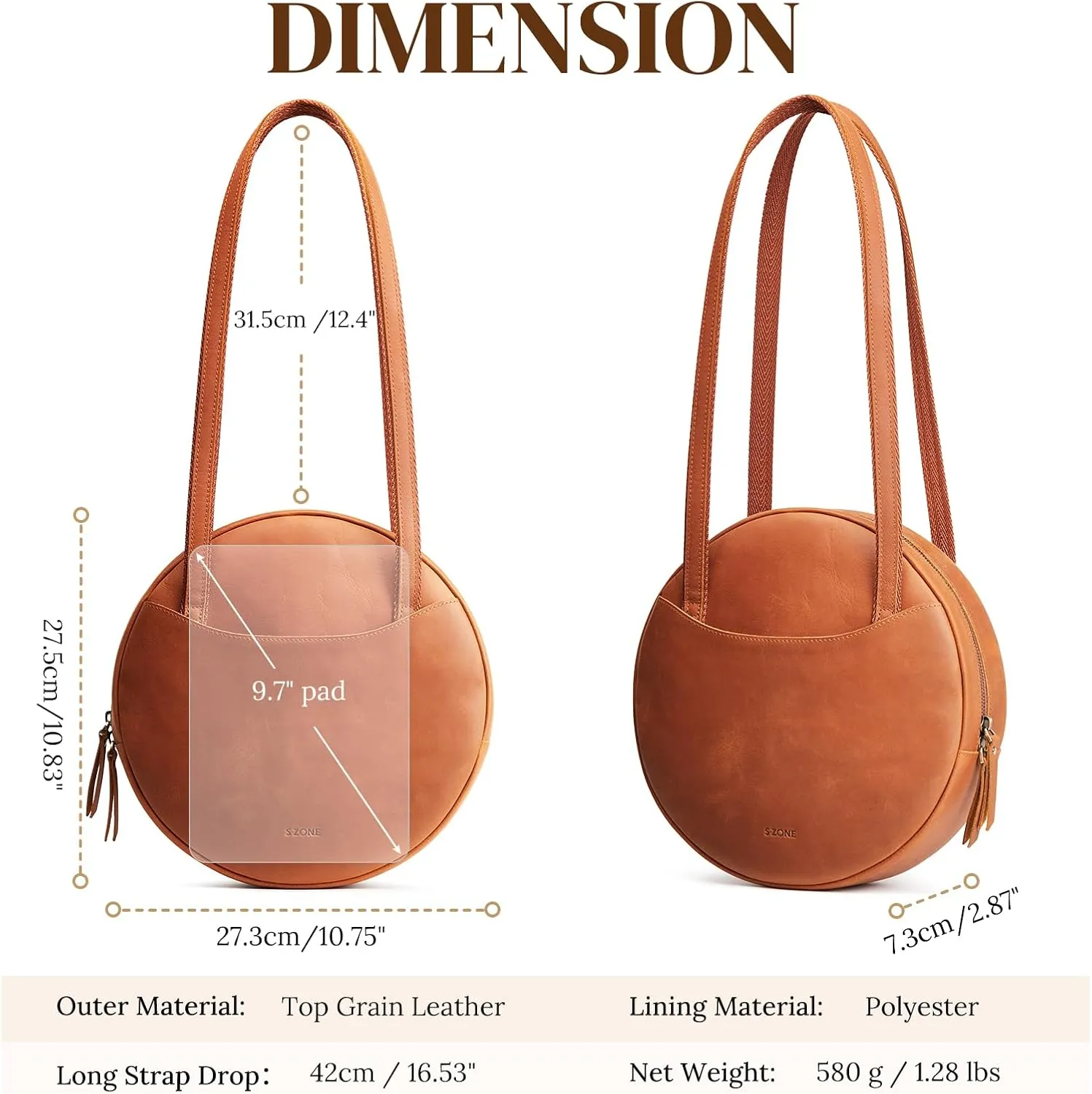 S-ZONE Large Leather Shoulder Bags for Women Circle Trendy Bag Round Purses Designer Handbag