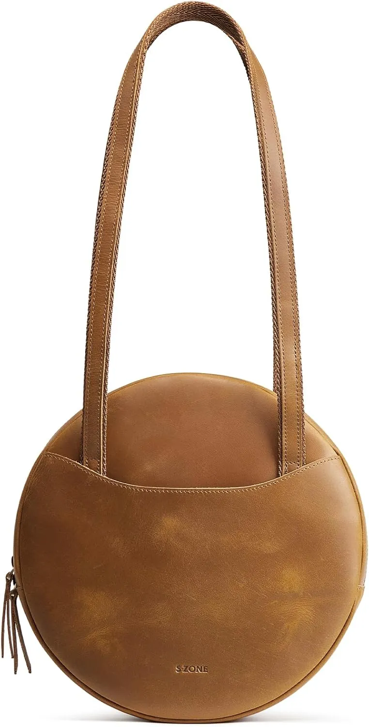 S-ZONE Large Leather Shoulder Bags for Women Circle Trendy Bag Round Purses Designer Handbag