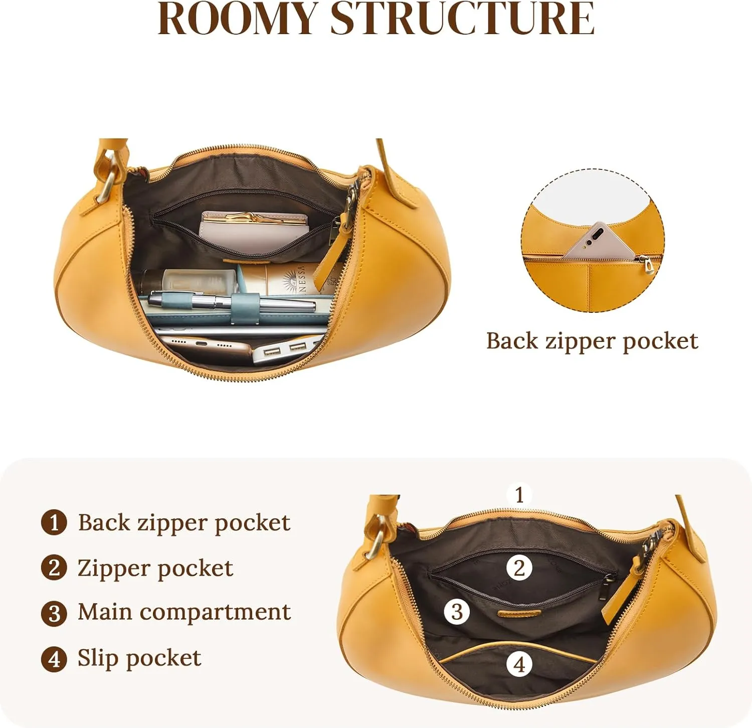 S-ZONE Top Grain Leather Shoulder Bags for Women Hobo Crescent Bag Handbags Purse
