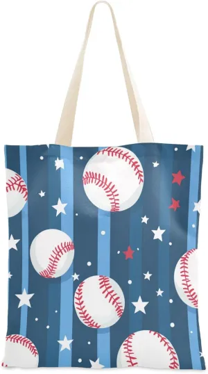 Stripe Background Baseball Canvas Tote Cloth Tote Bag With Handles Canvas Bags Bulk Shopping Grocery Bag for Gym, Travel, Work