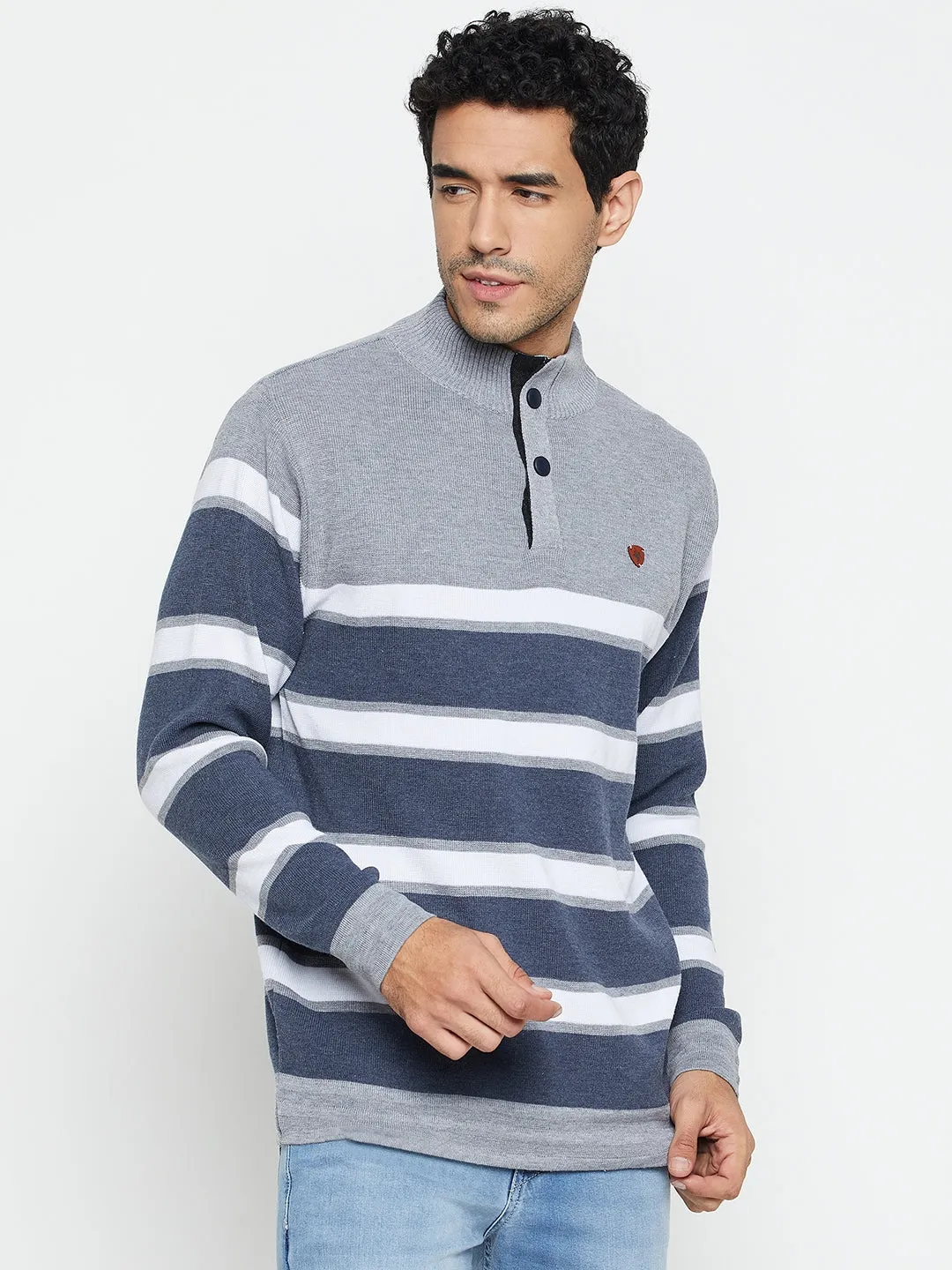 Striped Grey Full Sleeves Mock Collar Regular Fit Casual Sweater for Men