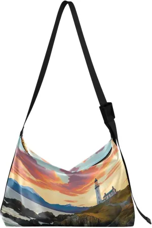 Sunset Lighthouse Landscape Crossbody Bag Hobo Handbag Purse Fashion PU Leather Shoulder Bags for Women