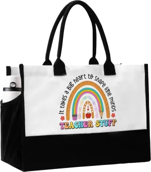 Teacher Tote Bag, Teacher's Day Appreciation Gifts for Women, Teachers Tote Bags with Pockets, Boho Rainbow Reusable Beach Bag Gift for Travel Shopping - C02