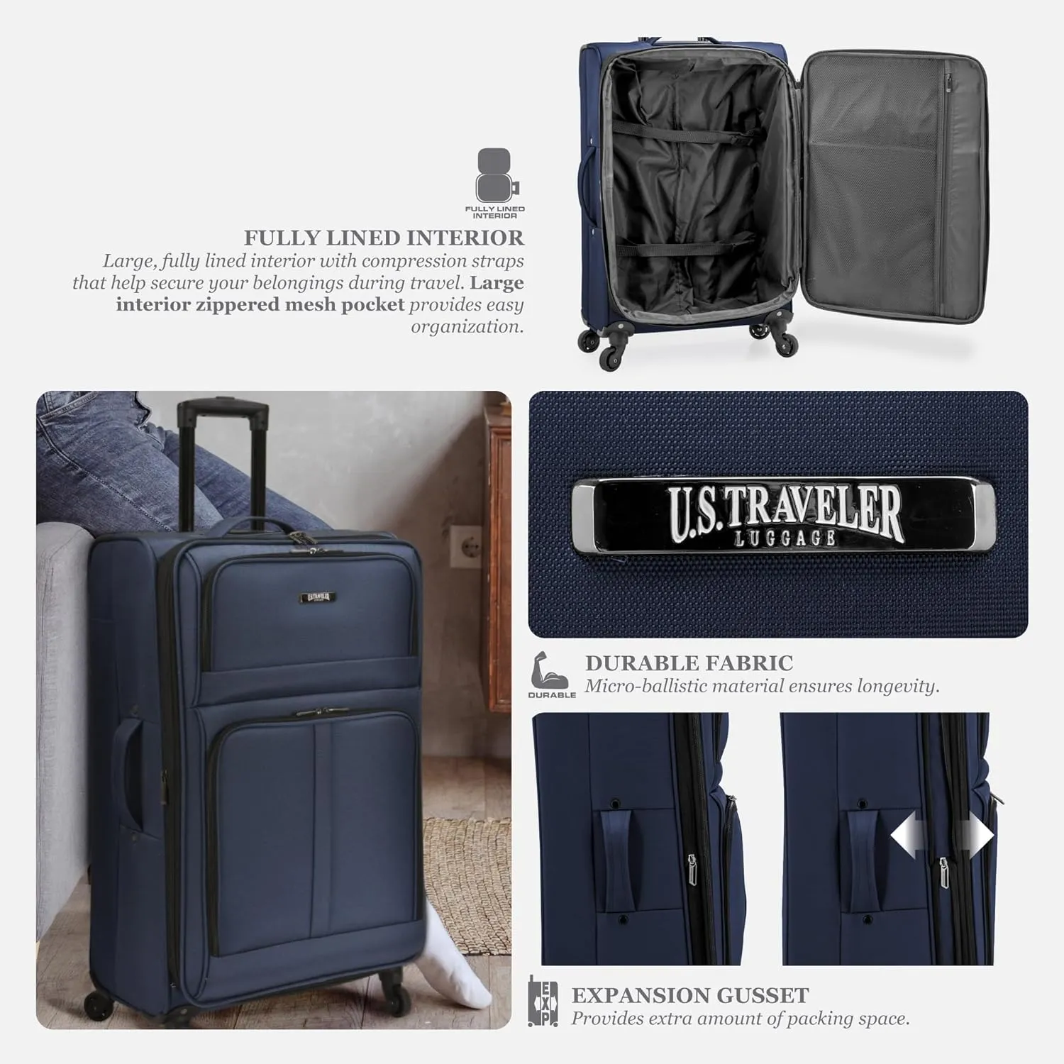 U.S. Traveler Anzio Softside Expandable Spinner Luggage, Teal, Checked-Large 30-Inch