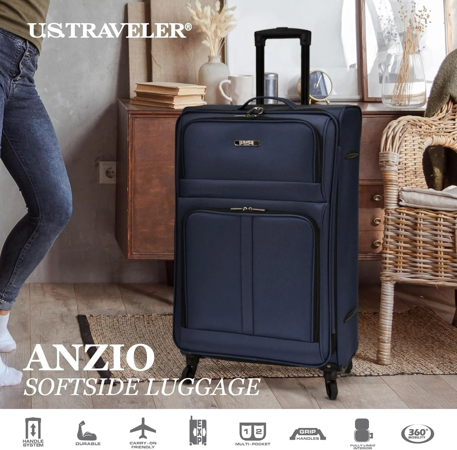 U.S. Traveler Anzio Softside Expandable Spinner Luggage, Teal, Checked-Large 30-Inch