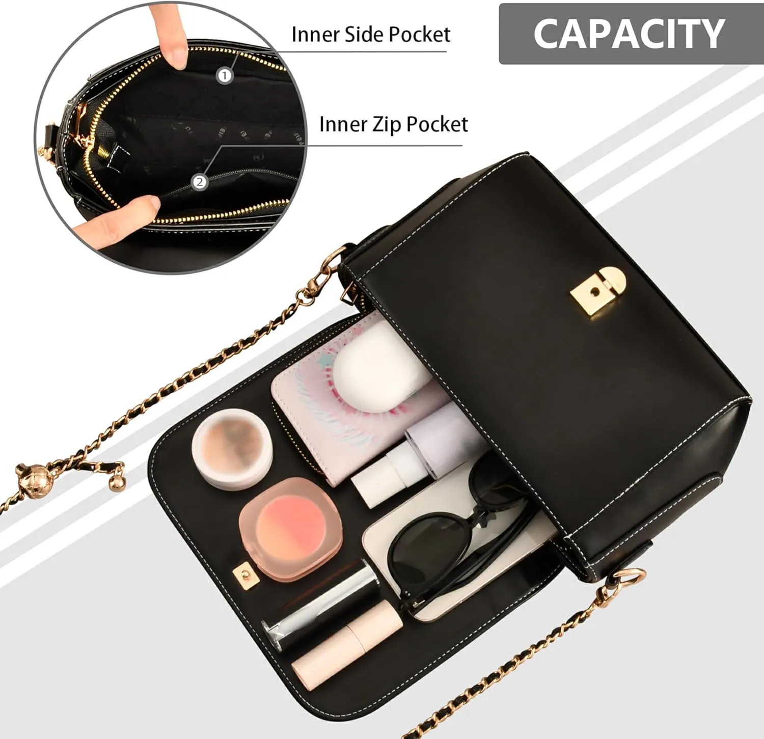 Vintage Paris Eiffel Crossbody Purses for Women Black Leather Shoulder Bags Wallet Satchel with Chain Strap