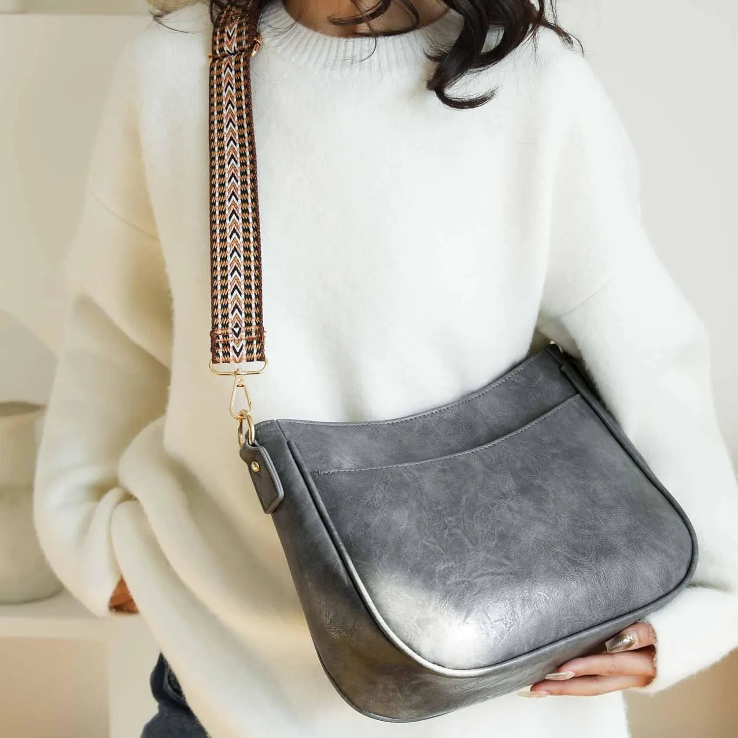 Vintage Style Womens Crossbody Shoulder Bag Trendy Ladies Causal Satchel Messenger Bag Guitar Strap PU Leather