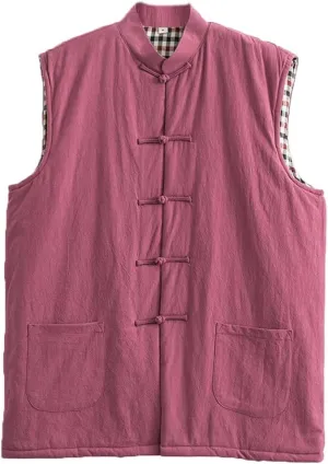 Winter Tang Suit Vest Men Padded Cotton Stand Collar Warm Coat Tops Loose Sleeveless Warm Outwear Chinese Clothes red-XL