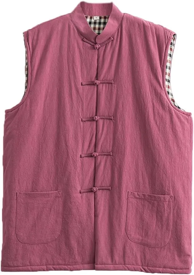 Winter Tang Suit Vest Men Padded Cotton Stand Collar Warm Coat Tops Loose Sleeveless Warm Outwear Chinese Clothes red-XL