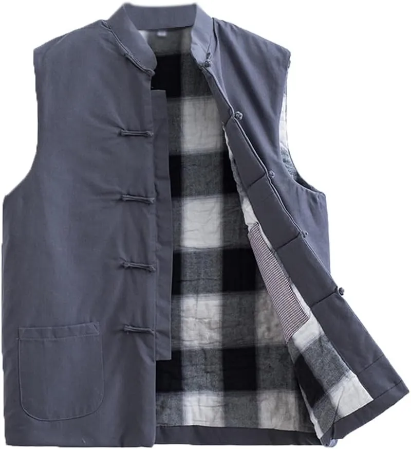 Winter Tang Suit Vest Men Padded Cotton Stand Collar Warm Coat Tops Sleeveless Warm Outwear Tai Chi Uniform grey-4XL