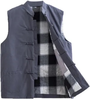 Winter Tang Suit Vest Men Padded Cotton Stand Collar Warm Coat Tops Sleeveless Warm Outwear Tai Chi Uniform grey-4XL