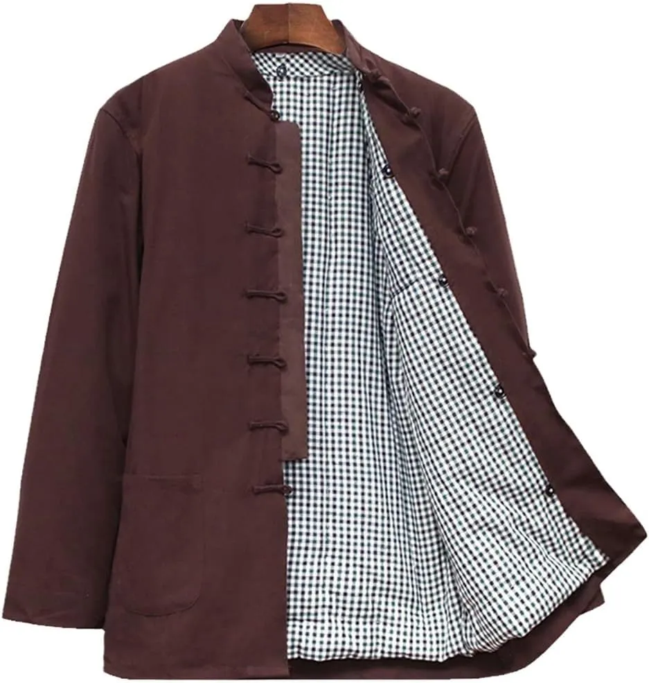 Winter Warm Tang Suit Men Cotton Padded Kung Fu Uniform Jacket Long Sleeved Coat Tops for Seniors, Tai Chi Uniform Brown-XXL