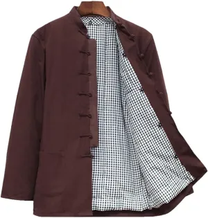 Winter Warm Tang Suit Men Cotton Padded Kung Fu Uniform Jacket Long Sleeved Coat Tops for Seniors, Tai Chi Uniform Brown-XXL