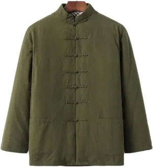 Winter Warm Tang Suit Men Cotton Padded Kung Fu Uniform Jacket Long Sleeved Coat Tops for Seniors, Tai Chi Uniform green-3XL