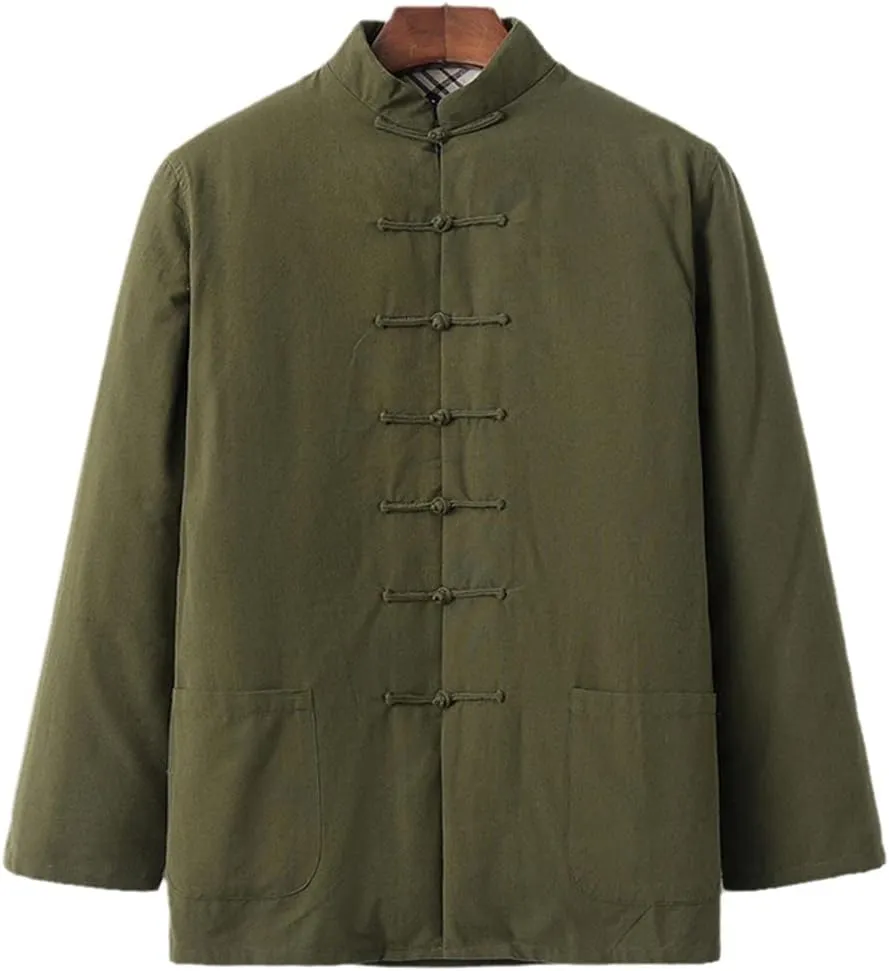 Winter Warm Tang Suit Men Cotton Padded Kung Fu Uniform Jacket Long Sleeved Coat Tops for Seniors, Tai Chi Uniform green-3XL
