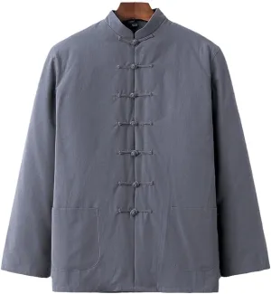 Winter Warm Tang Suit Men Cotton Padded Kung Fu Uniform Jacket Long Sleeved Coat Tops for Seniors, Tai Chi Uniform Grey-XL