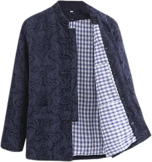 Winter Warm Thicken Tang Suit Men Cotton Padded Kung Fu Uniform Jacket Long Sleeved Coat Tops for Seniors Blue-XXL