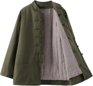 Winter Warm Thicken Tang Suit Men Cotton Padded Kung Fu Uniform Jacket Long Sleeved Coat Tops for Seniors Green-L