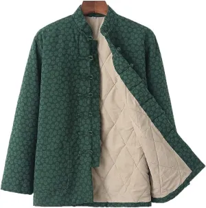 Winter Warm Thicken Tang Suit Men Cotton Padded Kung Fu Uniform Jacket Long Sleeved Coat Tops for Seniors Green-L