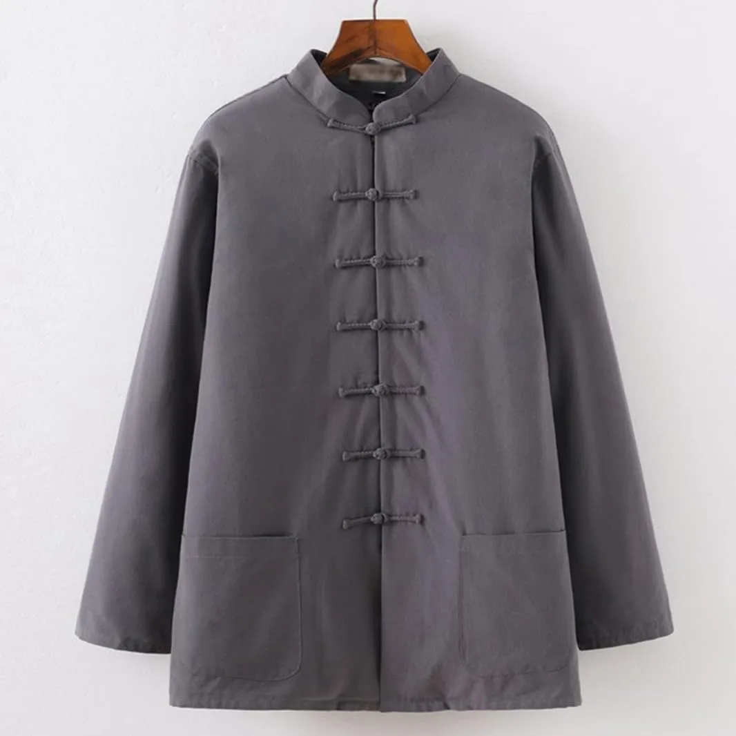 Winter Warm Thicken Tang Suit Men Cotton Padded Kung Fu Uniform Jacket Long Sleeved Coat Tops for Seniors Green-L