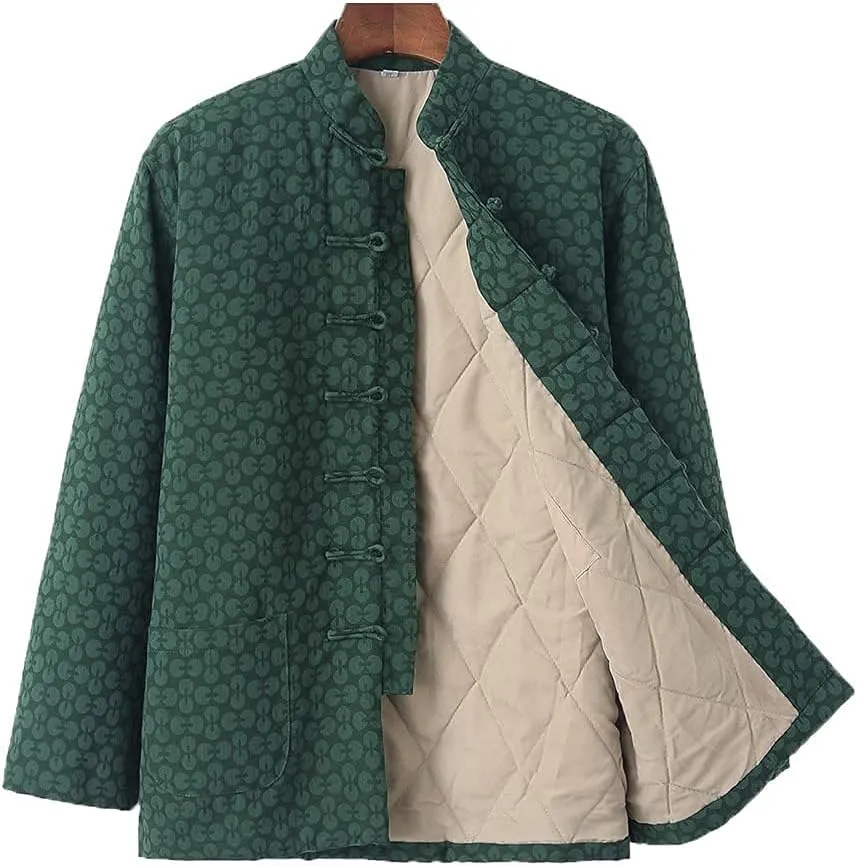 Winter Warm Thicken Tang Suit Men Cotton Padded Kung Fu Uniform Jacket Long Sleeved Coat Tops for Seniors Green-XL