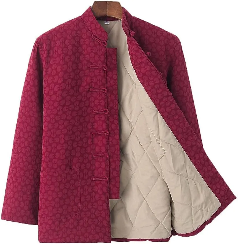 Winter Warm Thicken Tang Suit Men Cotton Padded Kung Fu Uniform Jacket Long Sleeved Coat Tops for Seniors red-XL