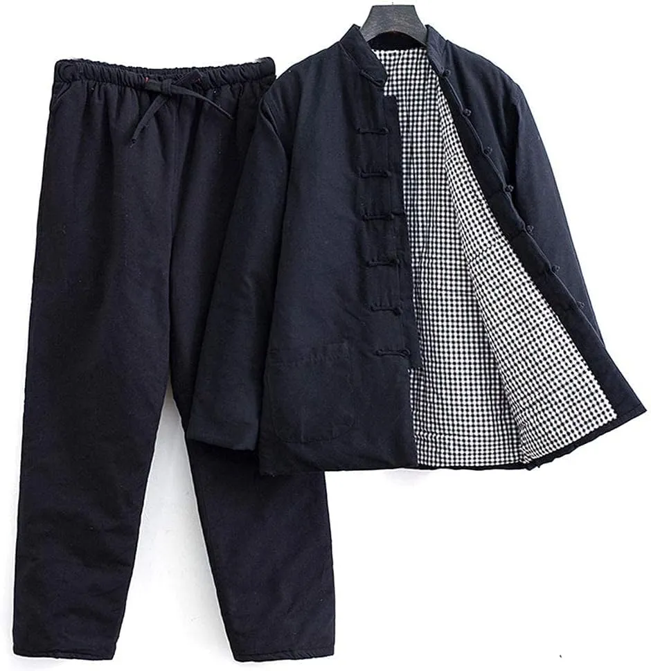Winter Warm Thicken Tang Suit Men Cotton Padded Kung Fu Uniform Jacket Long Sleeved Coat Tops Pants for Seniors black-4XL