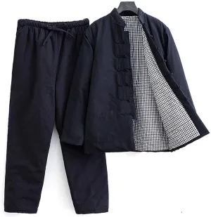 Winter Warm Thicken Tang Suit Men Cotton Padded Kung Fu Uniform Jacket Long Sleeved Coat Tops Pants for Seniors black-4XL