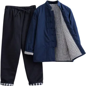 Winter Warm Thicken Tang Suit Men Cotton Padded Kung Fu Uniform Jacket Long Sleeved Coat Tops Pants for Seniors blue-4XL
