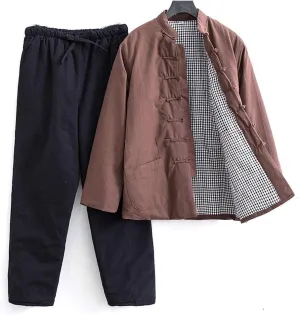 Winter Warm Thicken Tang Suit Men Cotton Padded Kung Fu Uniform Jacket Long Sleeved Coat Tops Pants for Seniors brown-3XL