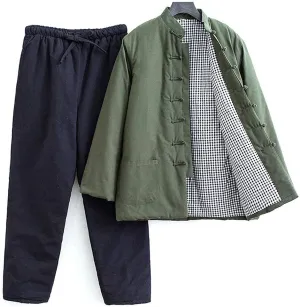 Winter Warm Thicken Tang Suit Men Cotton Padded Kung Fu Uniform Jacket Long Sleeved Coat Tops Pants for Seniors Green-M
