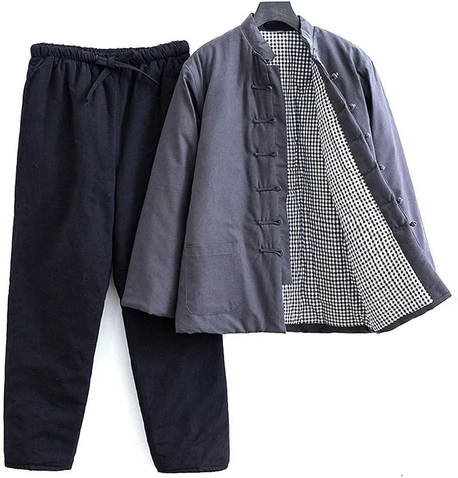 Winter Warm Thicken Tang Suit Men Cotton Padded Kung Fu Uniform Jacket Long Sleeved Coat Tops Pants for Seniors Grey-M