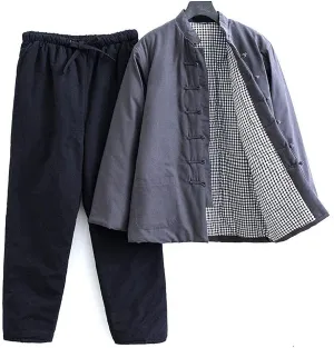 Winter Warm Thicken Tang Suit Men Cotton Padded Kung Fu Uniform Jacket Long Sleeved Coat Tops Pants for Seniors Grey-M