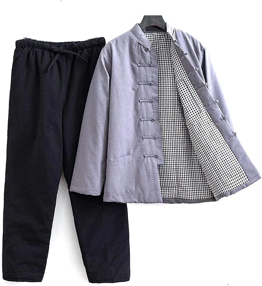 Winter Warm Thicken Tang Suit Men Cotton Padded Kung Fu Uniform Jacket Long Sleeved Coat Tops Pants for Seniors grey1-3XL
