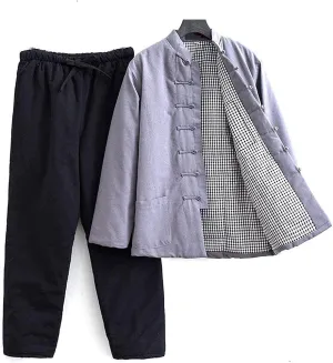 Winter Warm Thicken Tang Suit Men Cotton Padded Kung Fu Uniform Jacket Long Sleeved Coat Tops Pants for Seniors grey1-3XL