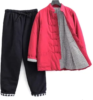 Winter Warm Thicken Tang Suit Men Cotton Padded Kung Fu Uniform Jacket Long Sleeved Coat Tops Pants for Seniors red-L