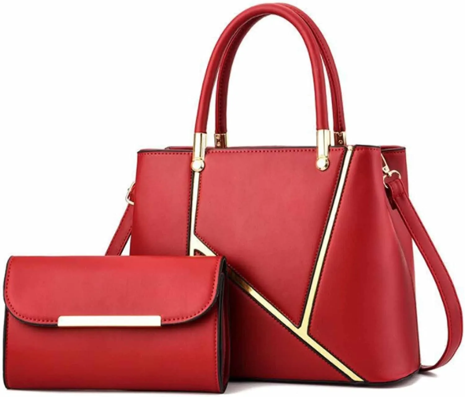 Women 2 PCS Top-handle Bag Stitching PU Leather Shoulder Bags Satchel Clutch Bags Purse Handbag