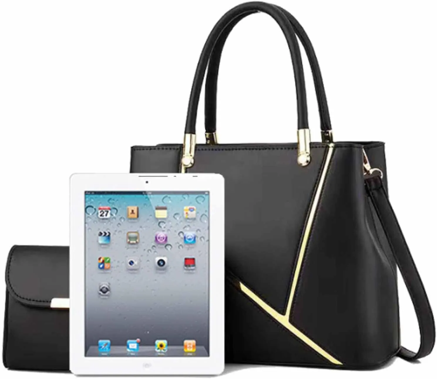 Women 2 PCS Top-handle Bag Stitching PU Leather Shoulder Bags Satchel Clutch Bags Purse Handbag