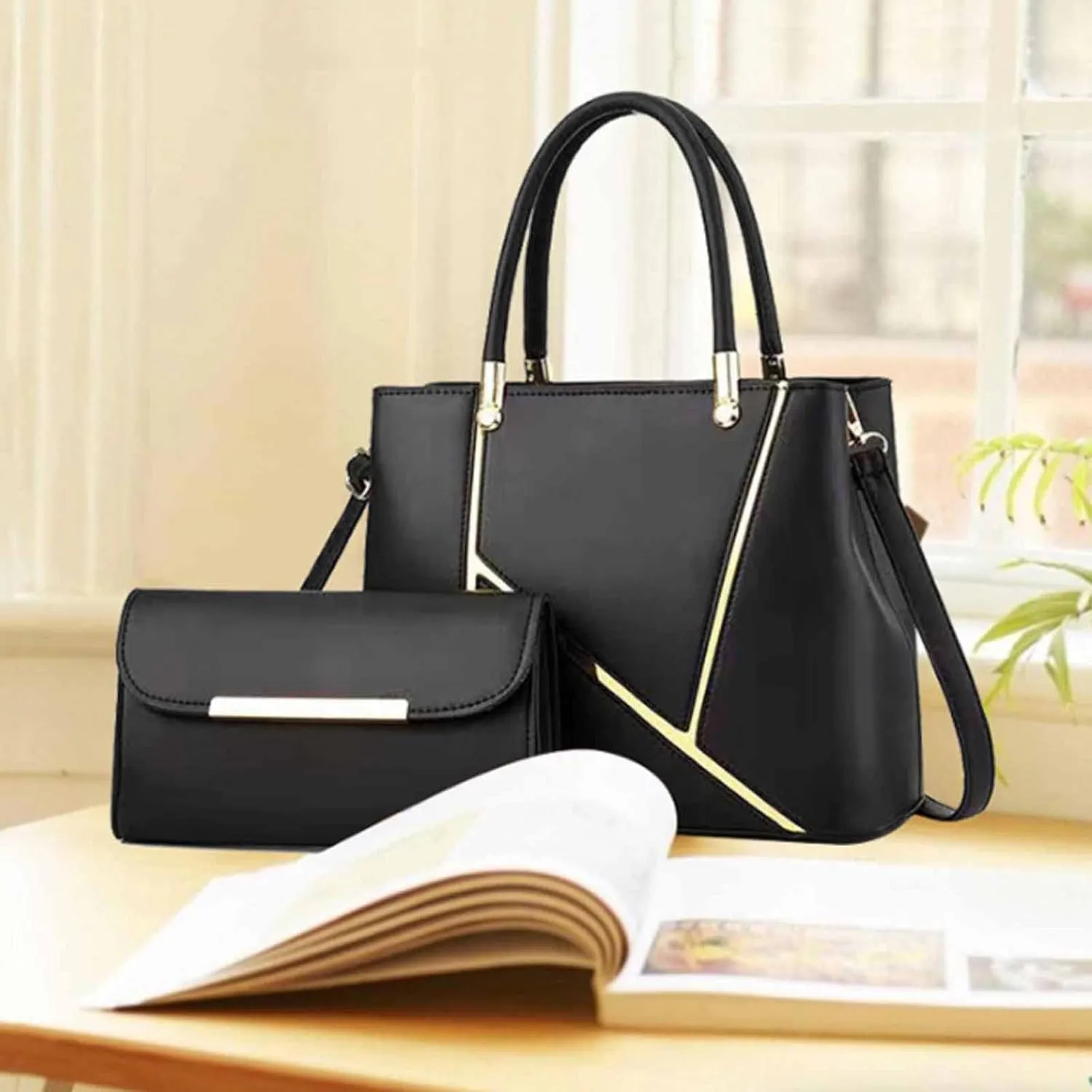 Women 2 PCS Top-handle Bag Stitching PU Leather Shoulder Bags Satchel Clutch Bags Purse Handbag