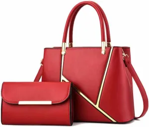Women 2 PCS Top-handle Bag Stitching PU Leather Shoulder Bags Satchel Clutch Bags Purse Handbag