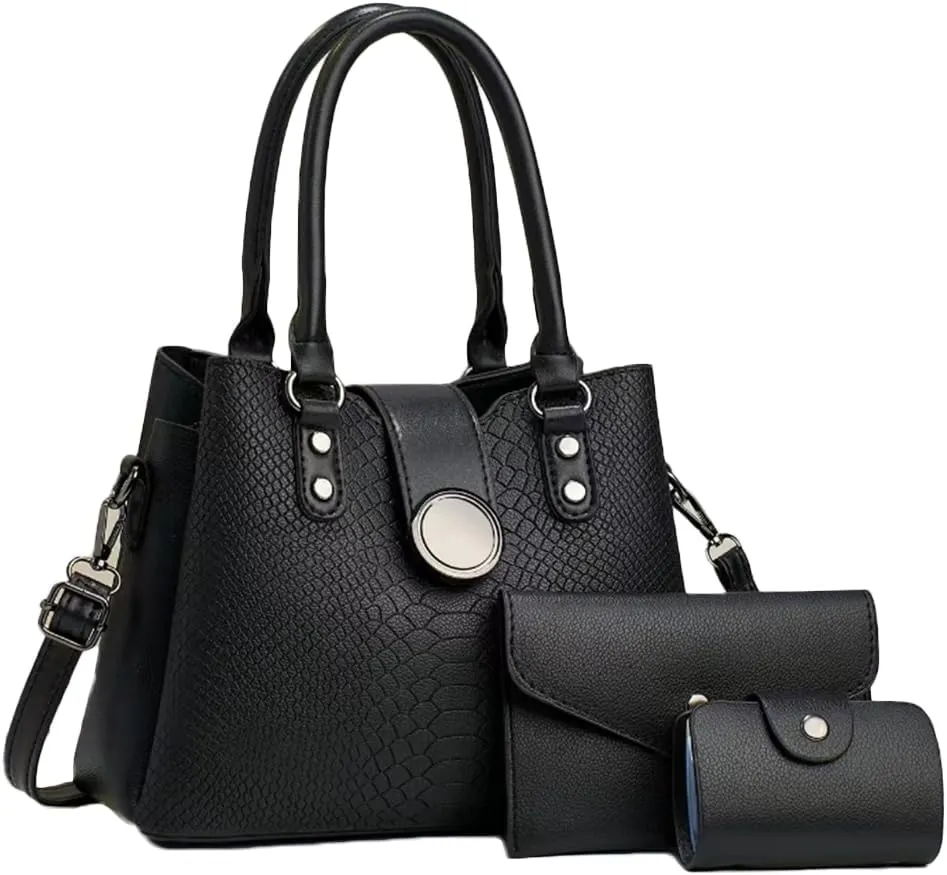 Women 3pcs Handbags and Purses Set Soft Faux Leather Totes Satchel Clutch Wallet Card Holder Burgundy, Black