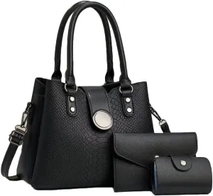 Women 3pcs Handbags and Purses Set Soft Faux Leather Totes Satchel Clutch Wallet Card Holder Burgundy, Black