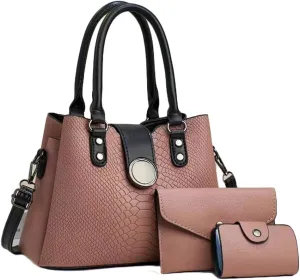 Women 3pcs Handbags and Purses Set Soft Faux Leather Totes Satchel Clutch Wallet Card Holder Burgundy, Dark Pink